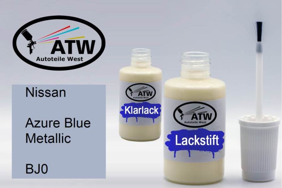 Nissan, Azure Blue Metallic, BJ0: 20ml Lackstift + 20ml Klarlack - Set, von ATW Autoteile West.